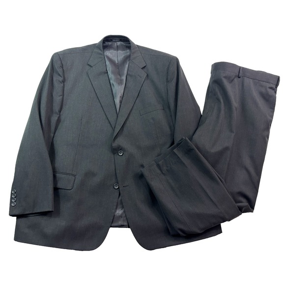 Joseph & Feiss 52R 48x29 2pc Pant Suit Charcoal 100% Wool Flat Front Classic